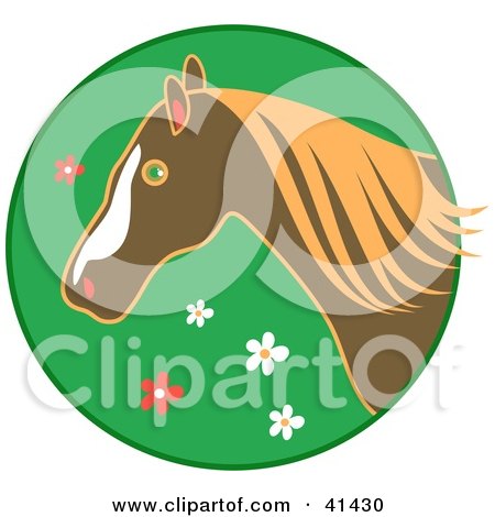 Clipart Illustration of a Profiled Brown Horse Over A Green Floral Circle by Prawny