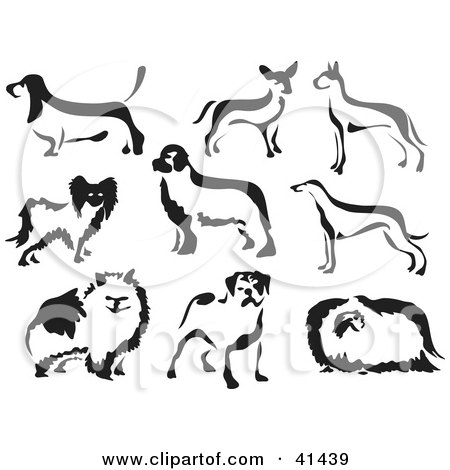 Clipart Illustration of Nine Black And White Brush Painted Dogs by Prawny