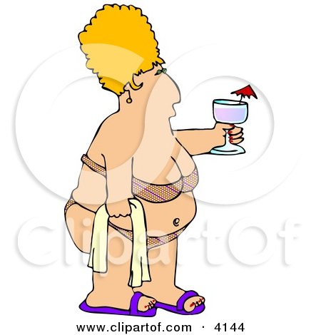Obese Woman Wearing a Swimsuit, Holding a Towel and Alcoholic Beverage Clipart by djart