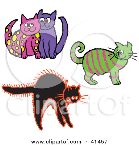Clipart Illustration of a Pink Cat Cuddling With A Purple Cat, Pink Striped Green Cat And Scared Cat by Prawny
