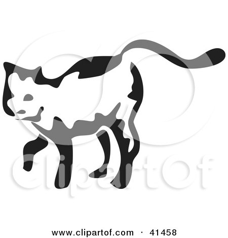 Clipart Illustration of a Black And White Brush Stroke Stretching Cat by Prawny