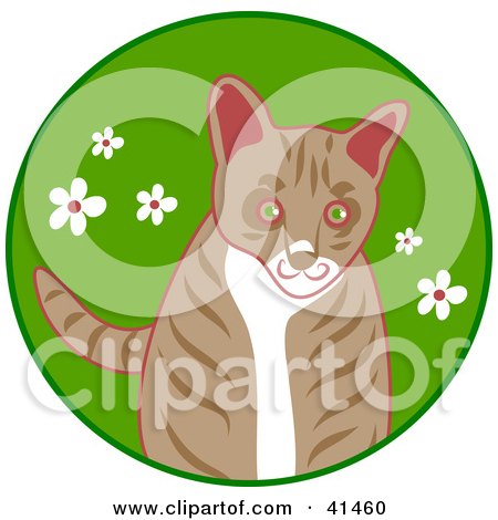 Clipart Illustration of a Curious Brown Cat In Grass With White Flowers by Prawny