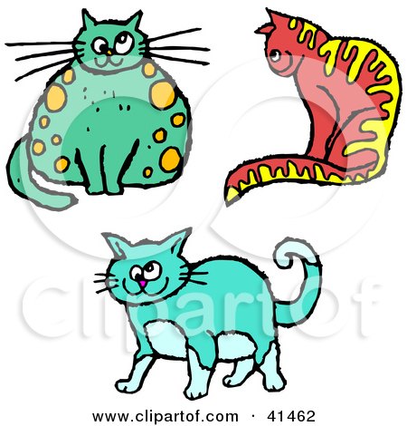 Clipart Illustration of a Chubby Green Cat, Yellow Striped Red Cat And Cross Eyed Blue Cat by Prawny