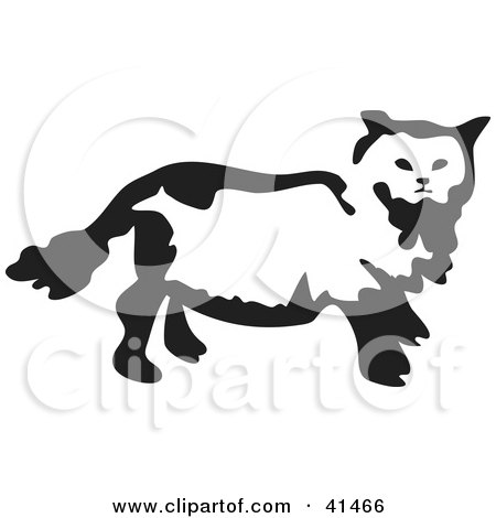Clipart Illustration of a Black And White Brush Stroke Walking Cat by Prawny