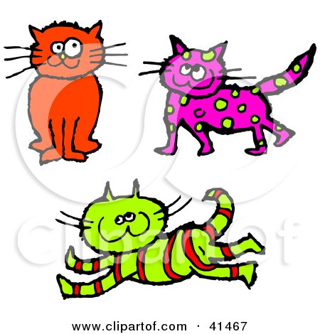 Clipart Illustration of a Red Cat, Purple Cat With Green Spots, And Red Striped Green Cat by Prawny