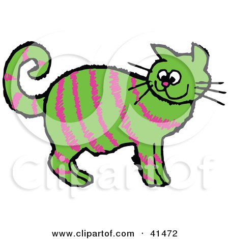 Clipart Illustration of a Pink Striped Green Cat Looking Back by Prawny