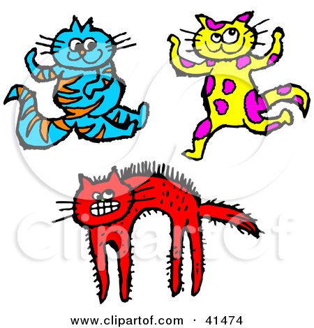 Clipart Illustration of a Happy Blue Cat, Dancing Yellow Cat And Scared Red Cat by Prawny
