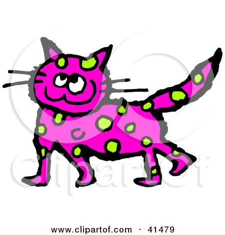 Clipart Illustration of a Happy Green Spotted Purple Cat by Prawny