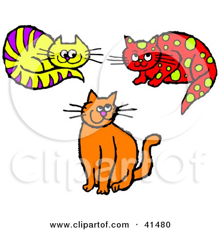 Clipart Illustration of a Grinning Orange Cat, Purple Striped Yellow Cat And Yellow Spotted Red Cat by Prawny