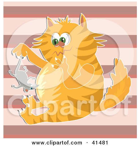 Clipart Illustration of a Chubby Orange Cat Holding Up A Mouse And Pondering On Whether Or Not To Eat It by Prawny