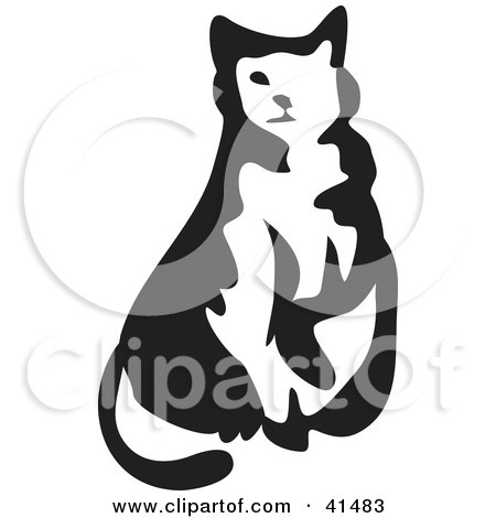 Clipart Illustration of a Black And White Brush Stroke Sitting Cat by Prawny