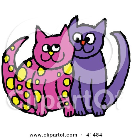 Clipart Illustration of a Yellow Spotted Pink Cat Cuddling With A Purple Cat by Prawny