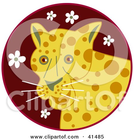 Clipart Illustration of a Happy Leopard Over A Maroon Circle With White Flowers by Prawny