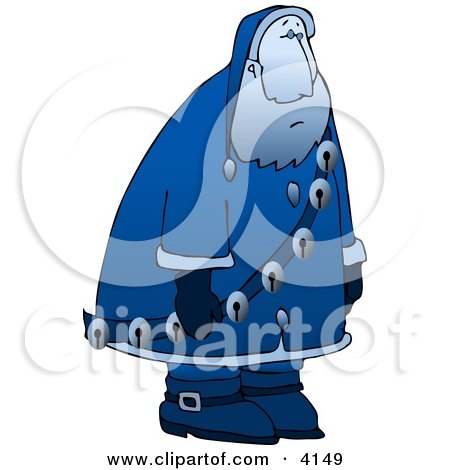 Clipart Illustration of a Sad, Depressed, Blue Santa Claus Moping Around And Wearing Jingle Bells by djart