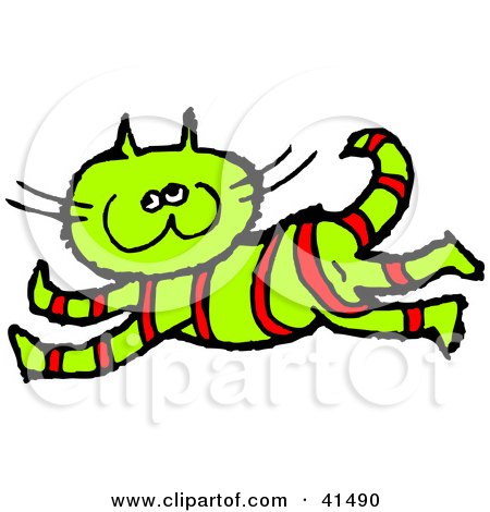Clipart Illustration of a Happy Running Red Striped Green Cat by Prawny