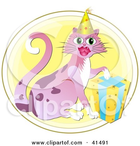 Clipart Illustration of a Birthday Cat Resting Its Paw On A Gift And Wearing A Party Hat by Prawny