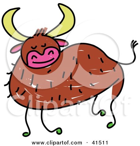 Clipart Illustration of a Pleased Brown Bull With Horns by Prawny