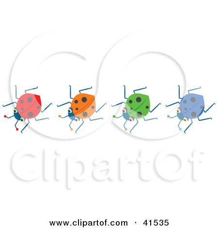 Clipart Illustration of a Row Of Four Red, Orange, Green And Blue Ladybugs by Prawny