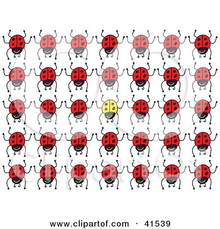 Clipart Illustration of Rows Of Red Ladybugs With One Yellow Bug Standing Out by Prawny