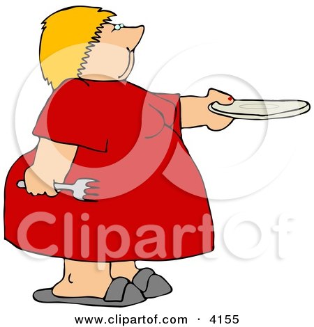 Obese Woman Holding a Fork and Plate and Asking for Seconds (more food) Clipart by djart