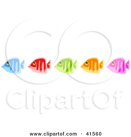 Clipart Illustration of a Row Of Five Diverse Blue, Red, Green, Orange And Pink Fish by Prawny