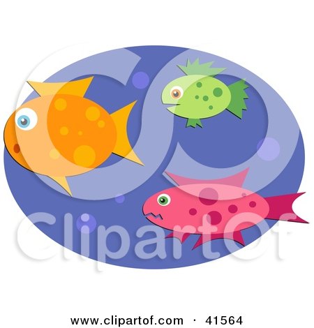 Clipart Illustration of Three Orange, Green And Pink Swimming Fish With Bubbles In Blue by Prawny