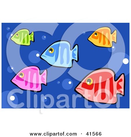 Clipart Illustration of Five Colorful Fish Swimming In Blue Bubbly Water by Prawny