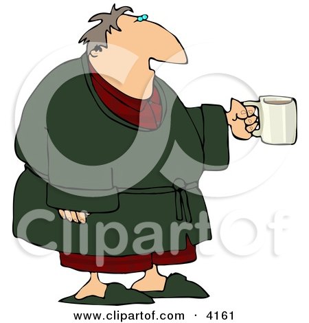Tired Man Wearing a Bathrobe and Holding a Cup of Coffee During the Early Morning of His Day Clipart by djart