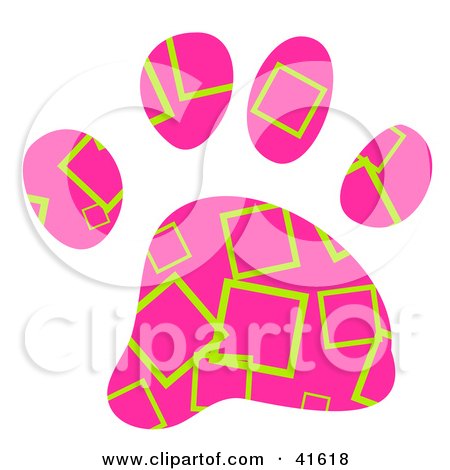 Clipart Illustration of a Pink and Green Square Patterned Paw Print by Prawny