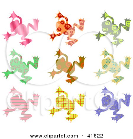 Clipart Illustration of Nine Colorful Patterned Frogs by Prawny