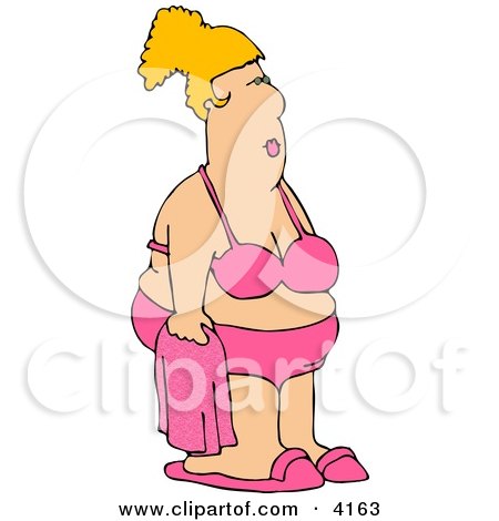 Fat Woman Wearing a Pink Bathing Suit and Holding a Pink Towel Clipart by djart