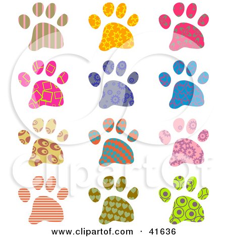 Clipart Illustration of Twelve Colorful Patterned Paw Prints by Prawny