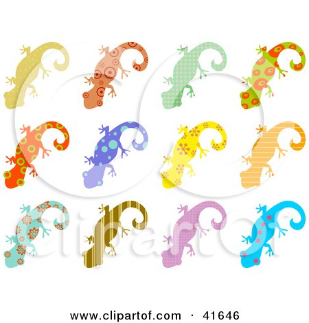Clipart Illustration of Twelve Colorful Patterned Geckos by Prawny