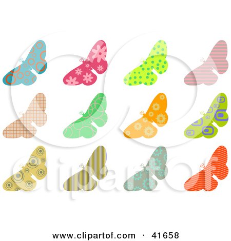Clipart Illustration of Twelve Colorful Patterned Butterflies by Prawny