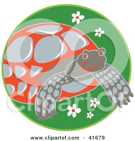 Clipart Illustration of a Gray And Orange Tortoise In Green Grass With Flowers by Prawny