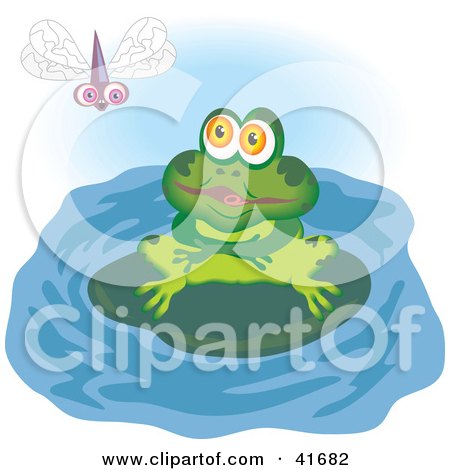 Clipart Illustration of a Green Frog On A Lily Pad, Watching A Dragonfly by Prawny
