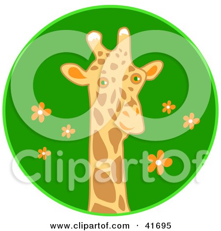 Clipart Illustration of a Curious Giraffe Head Over A Blue Floral Circle by Prawny