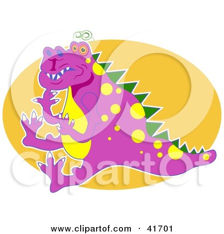 Clipart Illustration of a Purple Dragon With Yellow Spots, Against An Orange Oval by Prawny