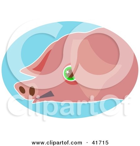Clipart Illustration of a Green Eyed Pink Pig Face Over Blue by Prawny