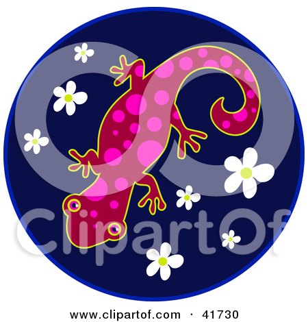 Clipart Illustration of a Red And Pink Spotted Gecko On A Blue Flower Circle by Prawny