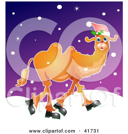 Clipart Illustration of a Christmas Camel Wearing A Santa Hat And Walking In The Snow by Prawny