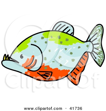 Clipart Illustration of a Green, Blue And Orange Piranha Fish by Prawny