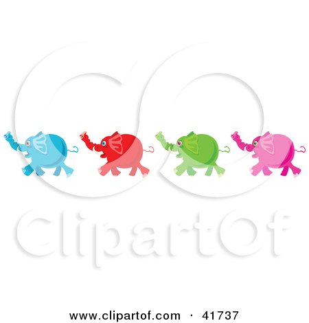 Clipart Illustration of Four Diverse Blue, Red, Green And Pink Elephants by Prawny