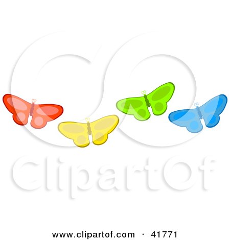 Clipart Illustration of Four Diverse Red, Yellow, Green And Blue Butterflies by Prawny