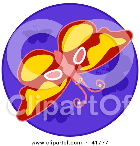 Clipart Illustration of a Red Butterfly With Pink And Yellow Markings Over Blue by Prawny