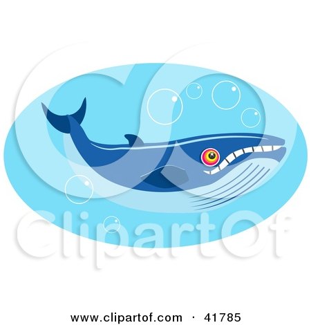 Clipart Illustration of a Big Blue Whale With Bubbles In Blue Water by Prawny