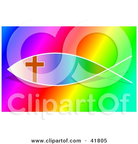 Clipart Illustration of a Rainbow Colored Ichthys Jesus Fish With A Cross by Prawny