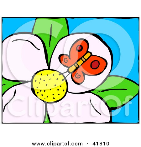 Clipart Illustration of a Red Butterfly Drinking Nectar From A White Flower by Prawny