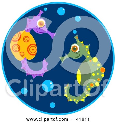 Clipart Illustration of a Pair Of Colorful Seahorses With Bubbles In Blue Water by Prawny