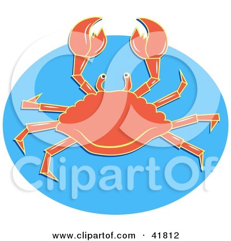 Clipart Illustration of an Alert Orange Crab Holding His Claws Up On Blue by Prawny